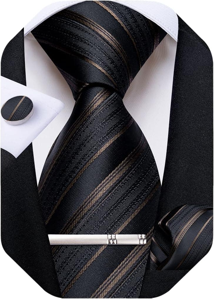 DiBanGu Corbata a rayas para hombre Corbata tejida de seda y gemelos cuadrados de bolsillo Conjunto con rizador Corbata de regalo formal de negocios de boda para hombres
