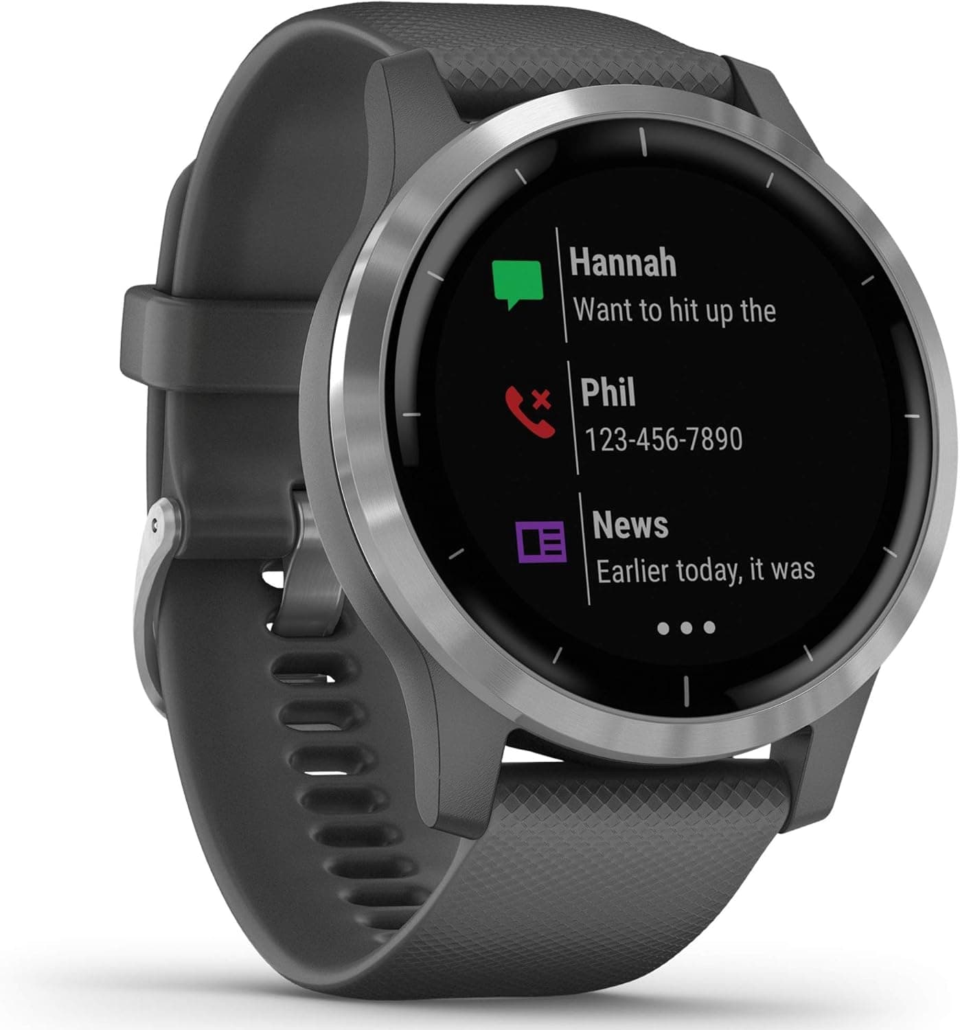 Garmin 010-02174-01 vivoactive 4, Smartwatch GPS, Funciones Música, Monitoreo de energía corporal, Entrenamientos animados, Sensores de pulso Ox y más, Plata con banda gris