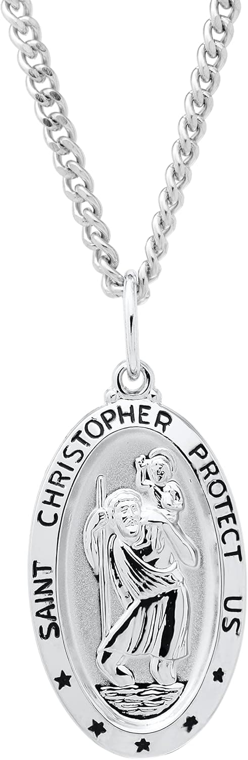 Amazon Essentials Sterling Silver Oval Saint Christopher Medal Necklace with Rhodium Plated Stainless Steel Chain, 20", (previously Amazon Collection)