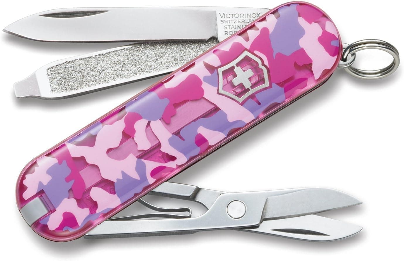 Navaja suiza Victorinox Classic SD, 7 funciones, camuflaje rosa | Navaja de bolsillo fabricada en Suiza, 7 funciones, cachas Camuflaje Rosa, tijeras, porta llavero, uso diario