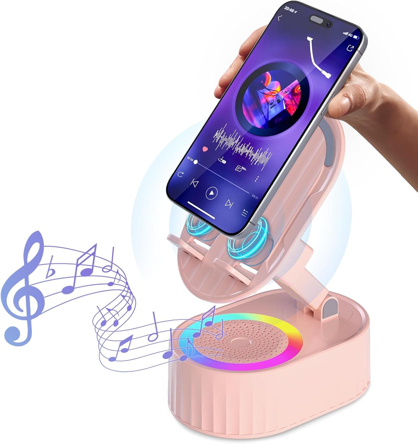 AKLLCCR Altavoz Bluetooth de inducción inalámbrico Altavoz con soporte para teléfono 5 en 1 | Amplificador de altavoz de teléfono recargable de 3000 mAh, luz ambiental, soporte portátil para iPhone, Android, regalo ideal para hombres/mujeres, rosa