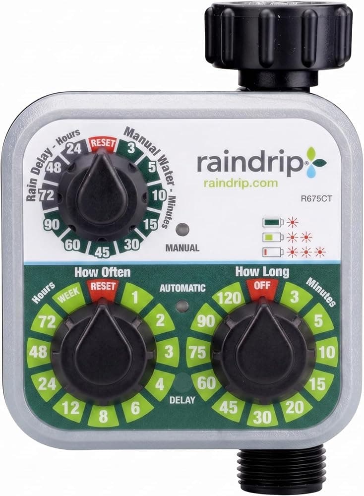 Raindrip R675CT Agua analógica de 3 diales, temporizador de aspersor con retardo de lluvia para riego por goteo, jardín, autorriego