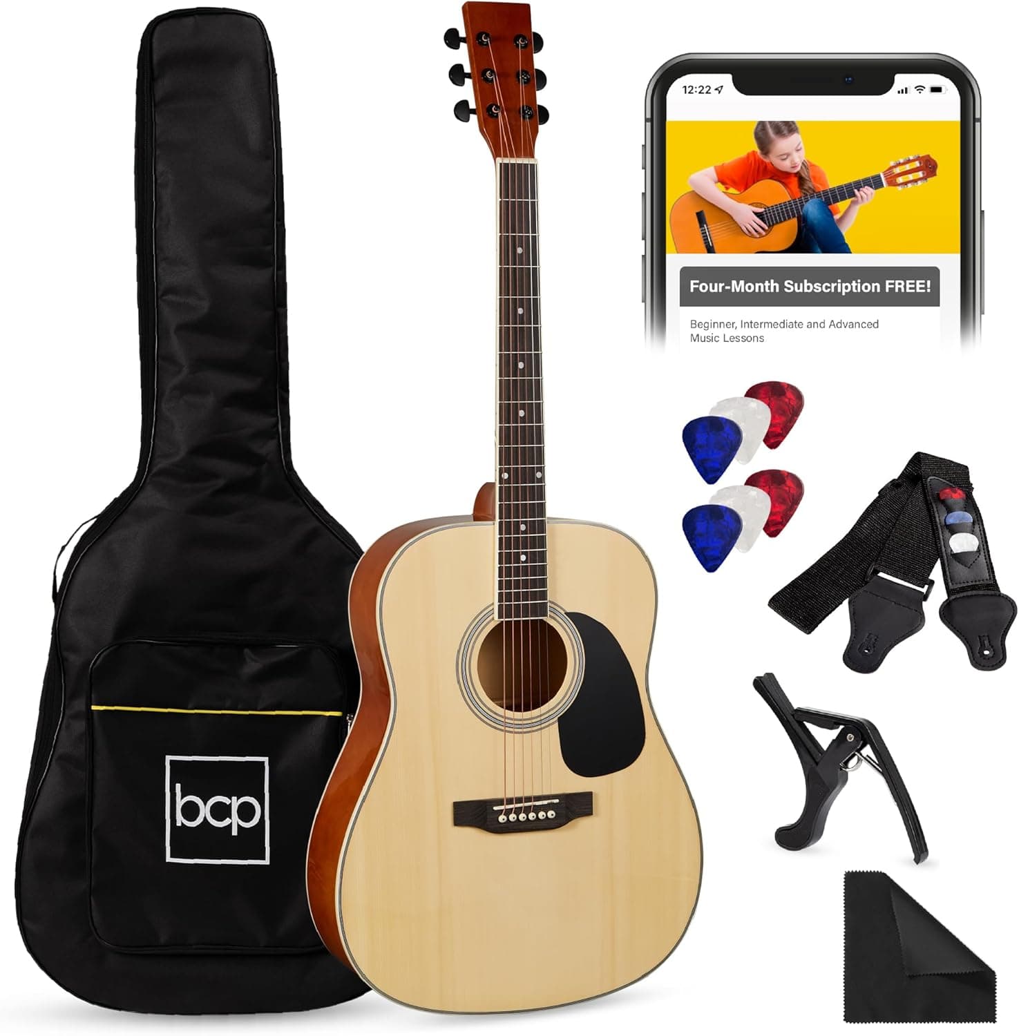 Best Choice Products Juego de iniciación de guitarra acústica de madera para principiantes, tamaño completo, 41 pulgadas, con funda, correa, cejilla, cuerdas y púas, color natural