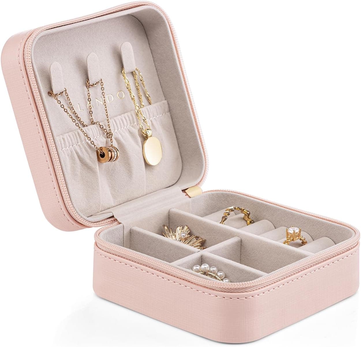 VLANDO Joyero pequeño de piel sintética de viaje, organizador de exhibición, estuche de almacenamiento para anillos, pendientes, collares, color rosa