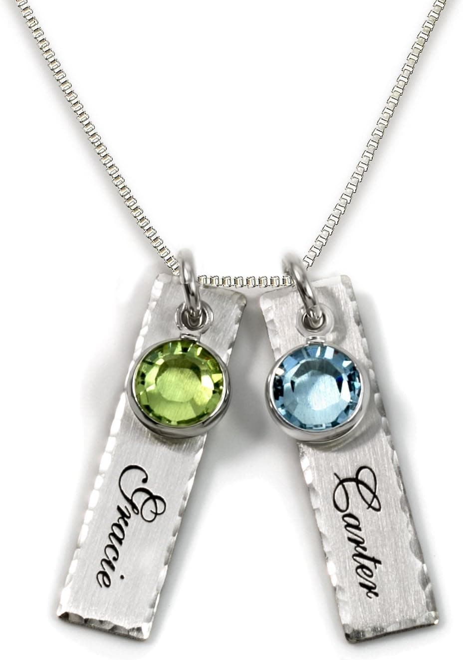 AJ's Collection Unity en dos collares personalizados con dijes, personaliza 2 colgantes rectangulares de plata de ley con nombres de tu elección, elige 2 piedras natales y cadena 925