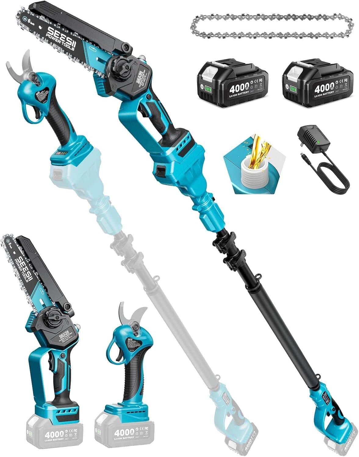 SEESII Kit combinado de sierra de pértiga y tijeras de podar 4 en 1 con motor sin escobillas | 2 baterías de 4000 mAh, mini motosierra de 6 pulgadas y podadora de mano de 1,2 pulgadas con poste de extensión para cortar ramas y recortar árboles
