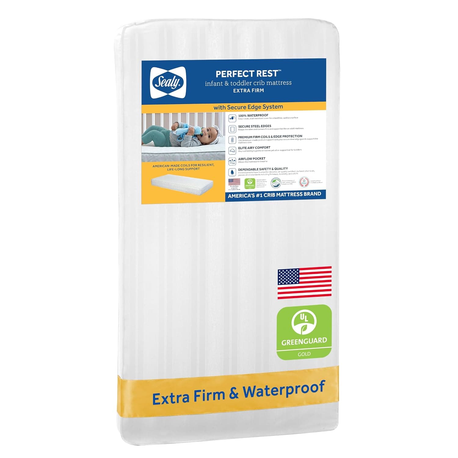 Sealy Baby Perfect Rest Colchón impermeable para cuna y cama para niños pequeños, 150 bobinas extra firmes premium, no tóxico, amortiguación aireada, certificado GREENGUARD Gold, seguridad y calidad probada, fabricado en EE. UU., 52 x 28 pulgadas