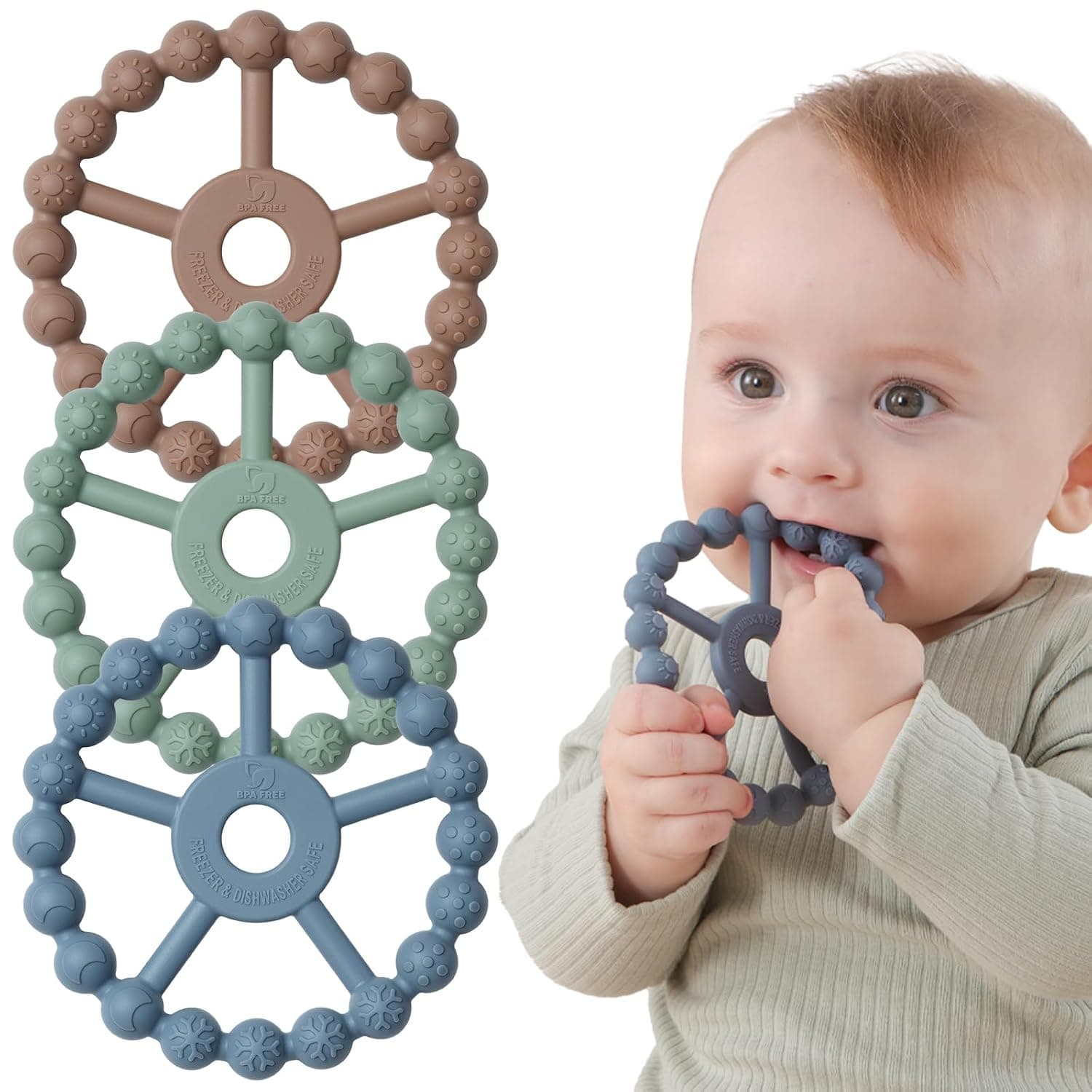 Paquete de 3 mordedores de anillo para bebés, juguetes para bebés, artículos esenciales para bebés, juguetes de anillo de dentición de silicona para bebés de 0 a 6 meses, mordedores para niños pequeños Seposeve de 6 a 12 meses, 12 a 24 meses, alivio de la dentición infantil, marrón, verde y azul