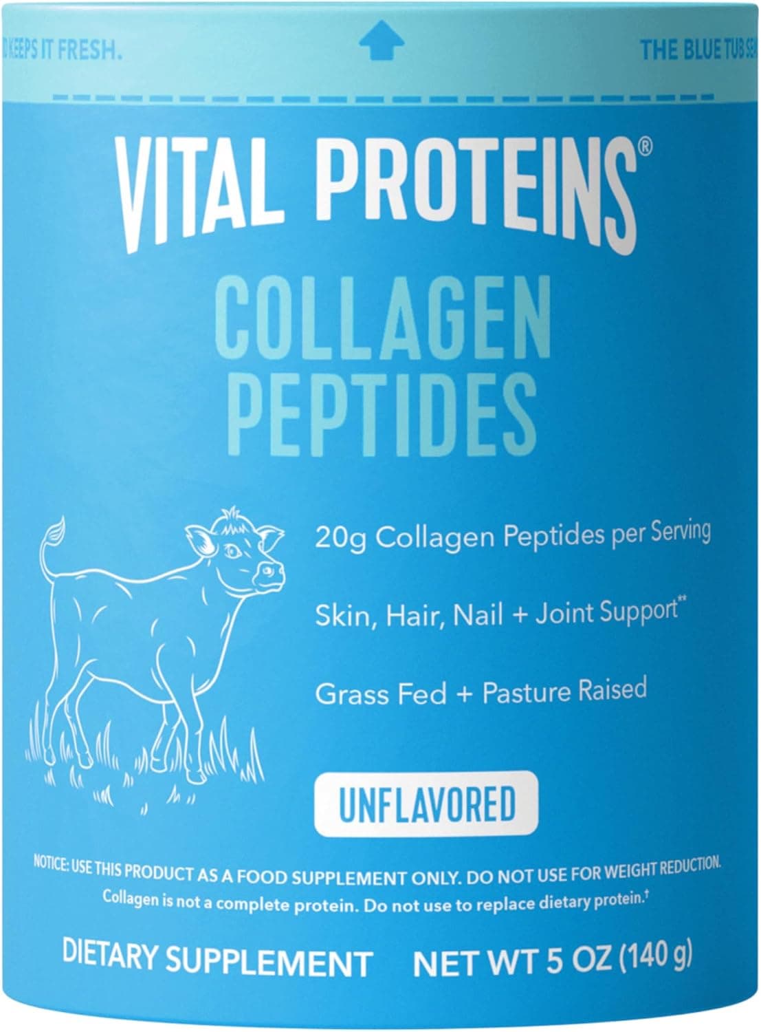 Vital Proteins Péptidos de colágeno en polvo, sin sabor, 5 oz | Péptidos de colágeno alimentados con pasto, apoyan el cabello, la piel y las uñas, los huesos y las articulaciones, 7 porciones