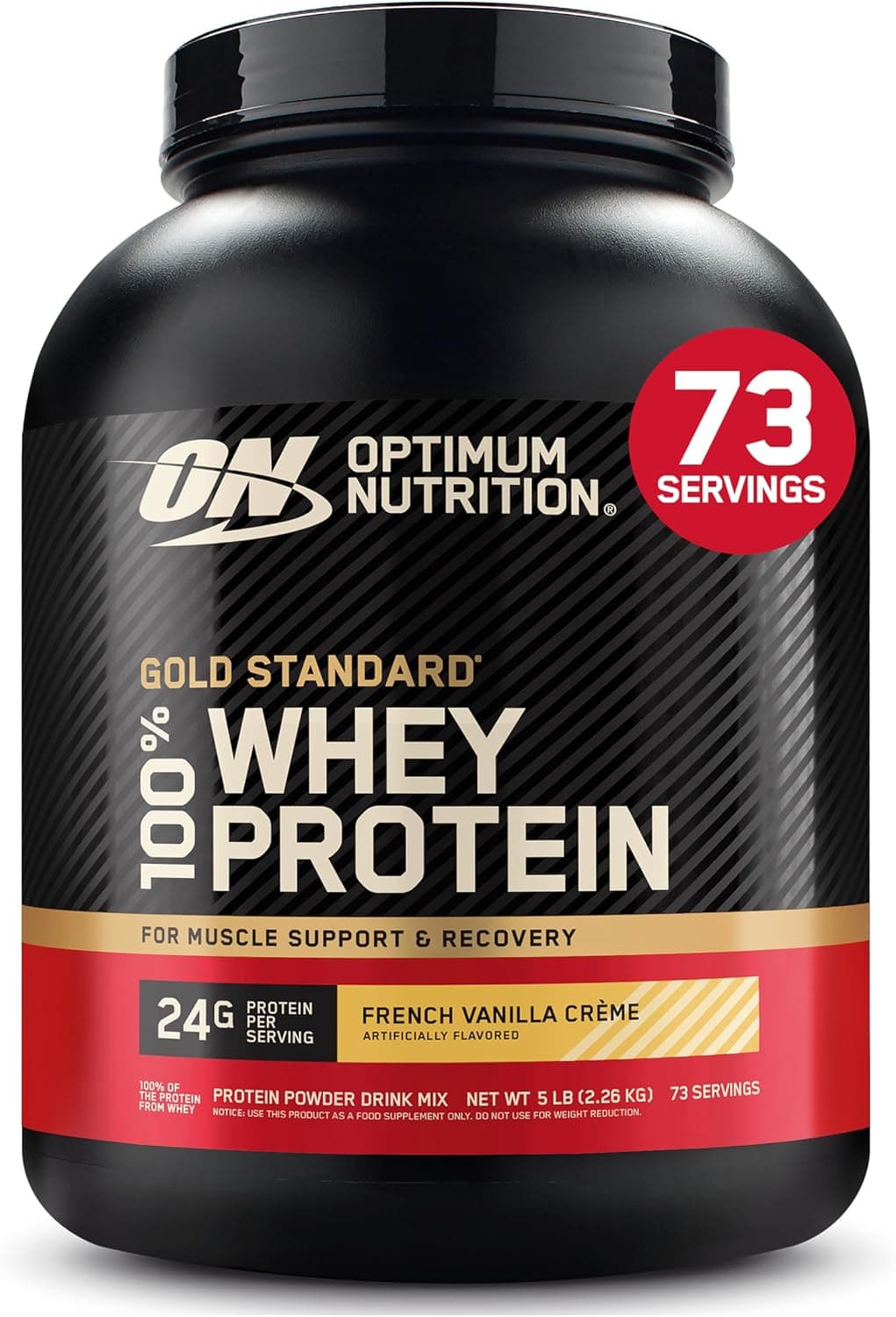 Optimum Nutrition Gold Standard 100% proteína de suero en polvo, crema de vainilla francesa, 5 libras (el embalaje puede variar) | 24 g de proteína de suero en polvo 100 % por ración, con BCAA, sin gluten, probado con sustancias prohibidas, fácil de mezclar, soporte muscular