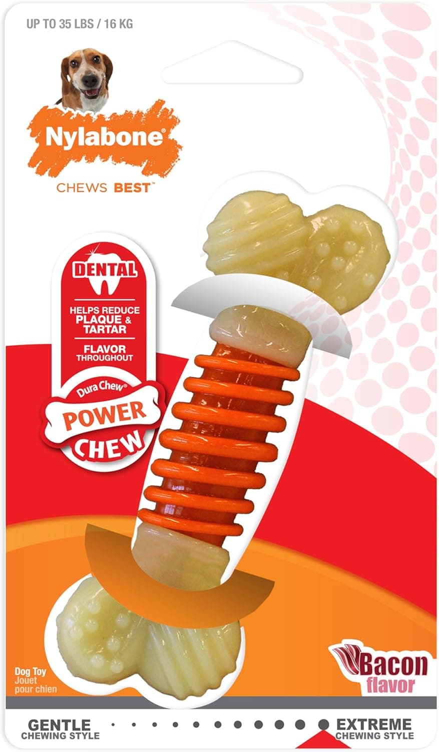 Juguete masticable para perros Nylabone Power Chew Dental Groove Bone, sabor a tocino, mediano | Texturas para limpieza de dientes, juguetes duraderos para perros para masticadores agresivos, desalienta la masticación destructiva, para perros de hasta 35 libras