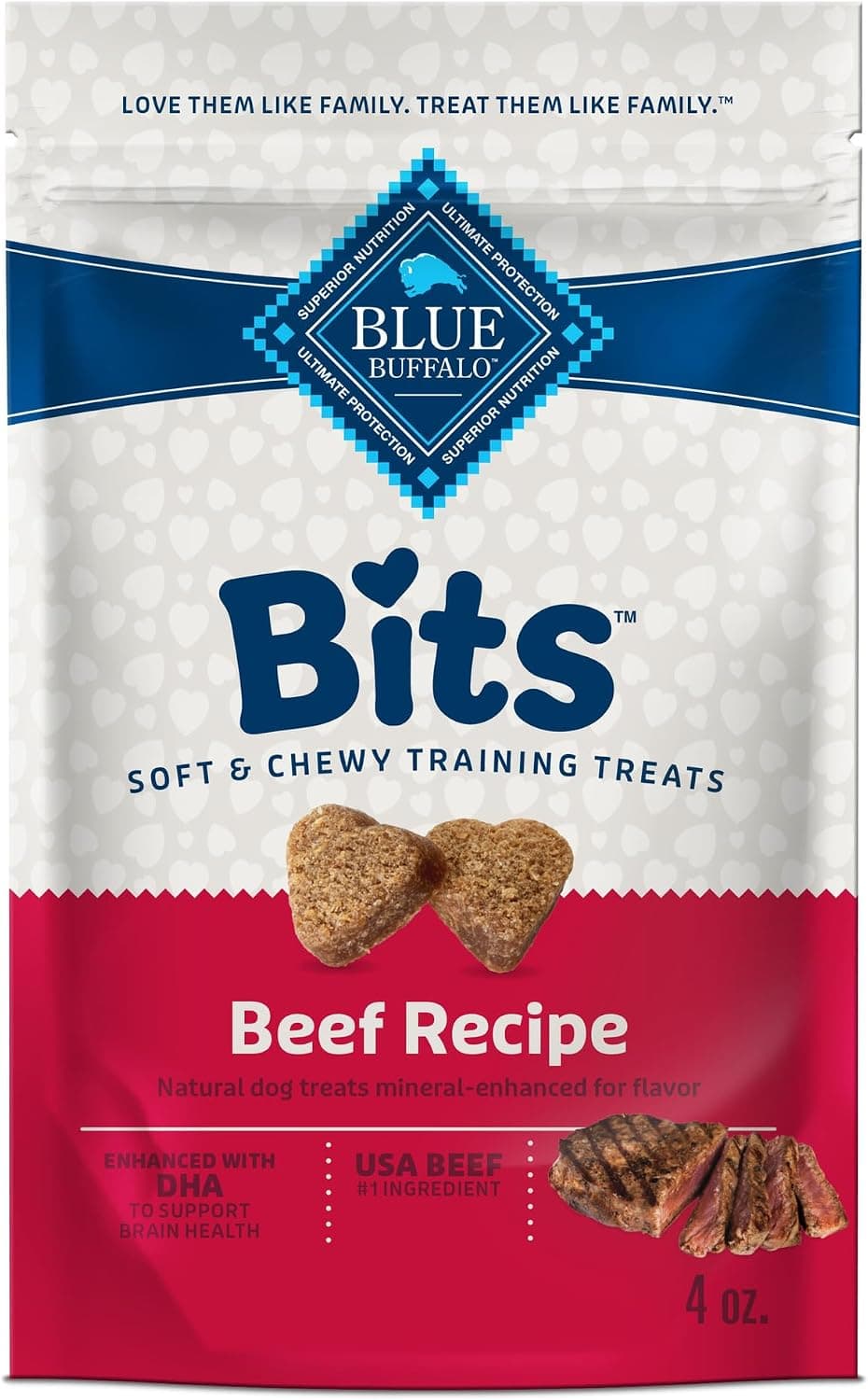 Blue Buffalo Bits Golosinas de entrenamiento de carne de res, 4 oz | Real Beef First, DHA para el desarrollo cognitivo, sin subproductos de pollo, sin colorante rojo 40