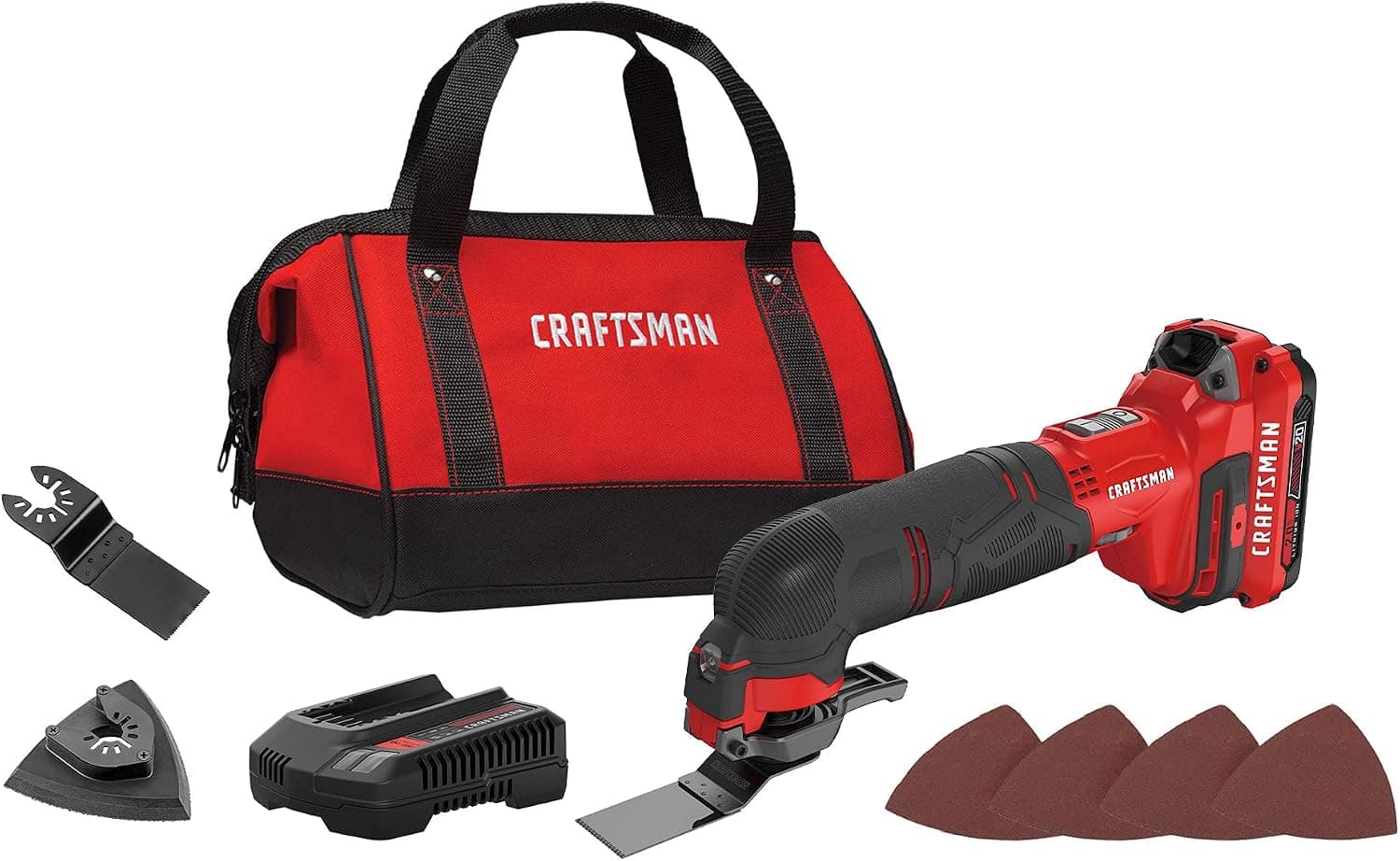 CRAFTSMAN V20 Kit de herramientas oscilantes inalámbricas multiherramienta con cuchillas, papel de lija, batería y cargador incluidos (CMCE501D1)