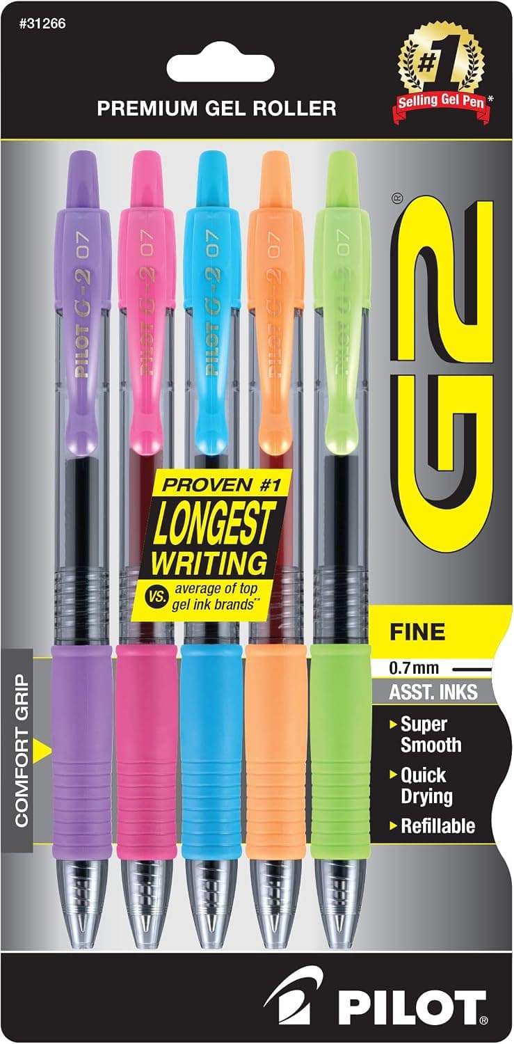 Bolígrafos de gel de colores PILOT G2, 0,7 mm, tintas de colores variados, paquete de 5