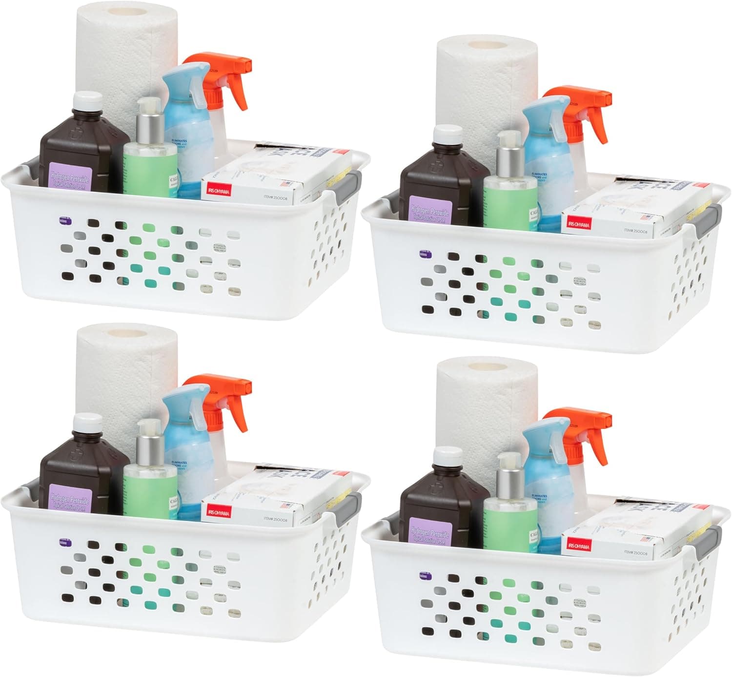IRIS USA Paquete de 4 cestas de almacenamiento medianas de plástico, blanco | Organice artículos de despensa, suministros de oficina, manualidades, accesorios y artículos de primera necesidad para el hogar con almacenamiento para estantes fácil de transportar.