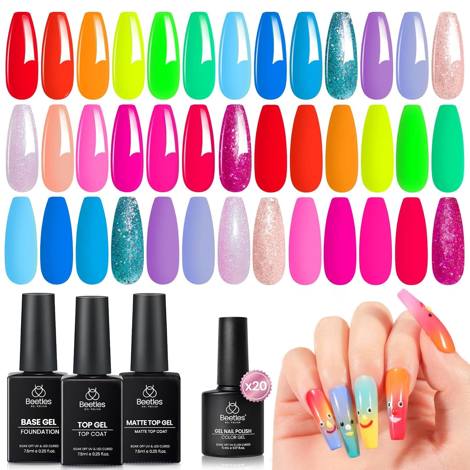 Beetles Neon Gel Esmalte de Uñas Set 20 Colores, Esmalte de Gel Arco Iris de Color Brillante | con capa base, capa superior mate brillante, gel de uñas UV LED con purpurina para mujer
