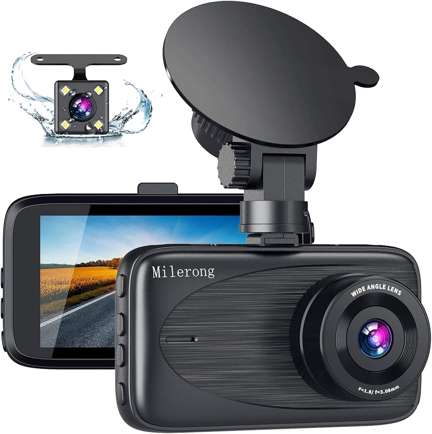 Cámara de salpicadero Milerong delantera y trasera, cámara de salpicadero FHD de 1080P para automóviles | con visión nocturna, sensor G, grabación de bucle, monitor de aparcamiento, detección de movimiento,tarjeta SD WDR-No