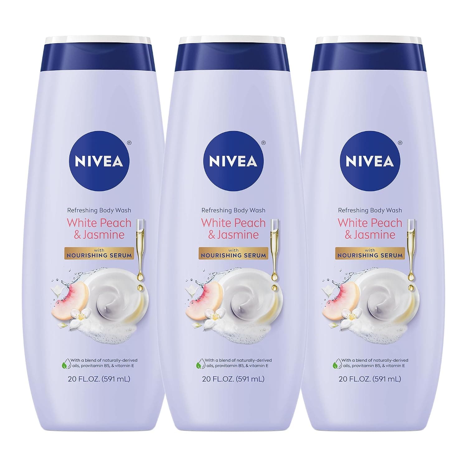 NIVEA Jabón corporal refrescante de melocotón blanco y jazmín, paquete múltiple, 3 x 20 FL OZ | Gel de baño perfumado para mujer con suero nutritivo, enriquecido con provitamina B5 y vitamina E, sin parabenos