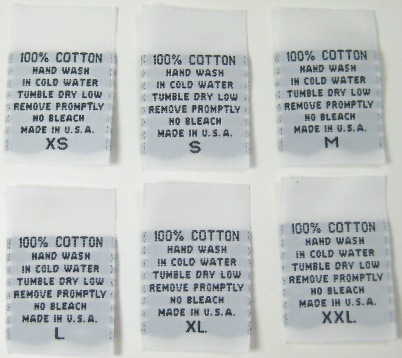 250 etiquetas de etiquetas para el cuidado de la ropa, tejido blanco, 100 % algodón, lavado a mano, XS, S, M, L, XL, XXL (41 unidades de cada tamaño)