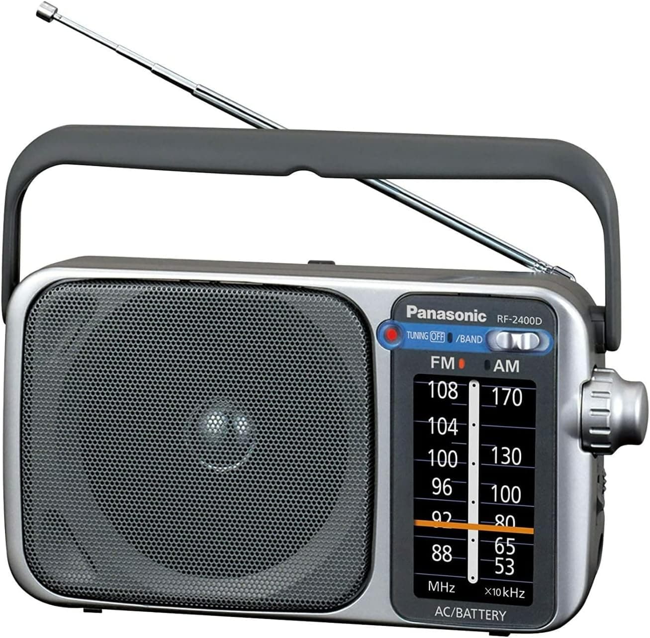 Panasonic Radio AM/FM portátil, radio analógica con pilas, alimentación de CA, plateada (RF-2400D)