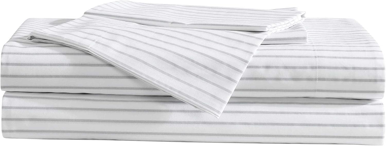 Eddie Bauer - Juego de sábanas de doble tamaño, ropa de cama de percal 100% de algodón, sábanas de cama nítidas y transpirables con funda de almohada, sábana ajustada totalmente elástica, ajuste de bolsillo profundo (Arden Stripe Grey)