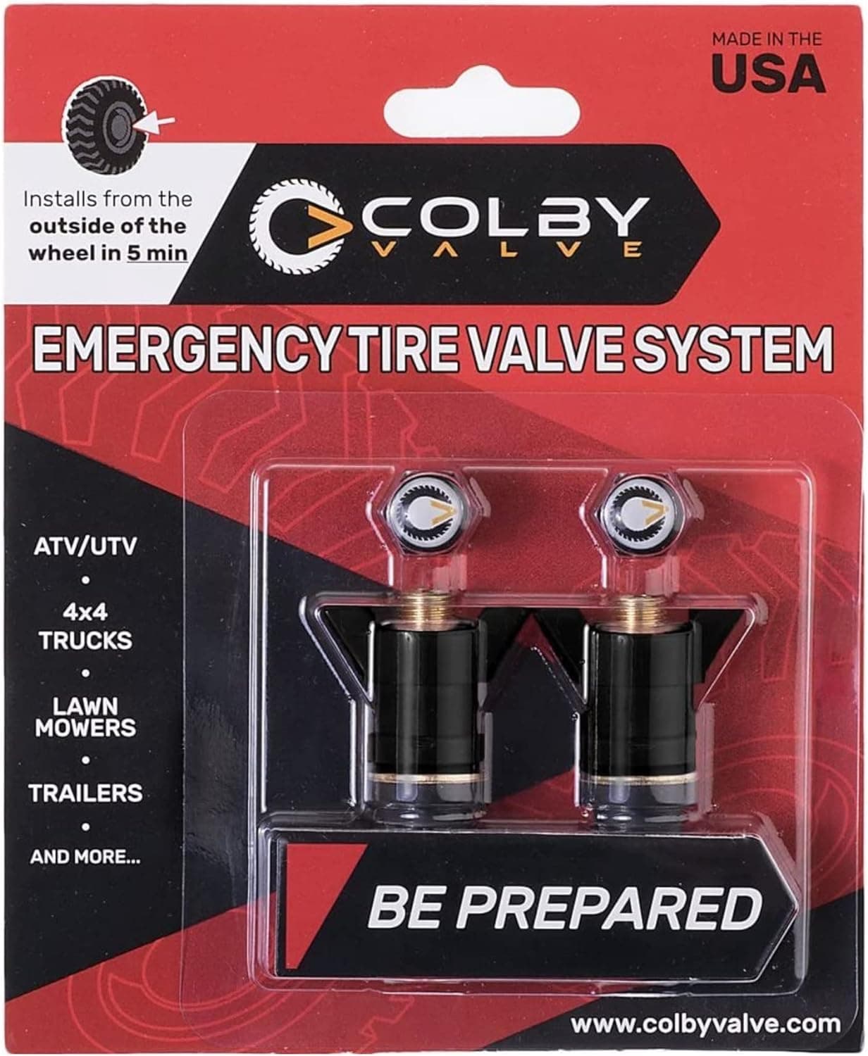 Emergency Tire Valve Stems Replacement Kit, No Tools Required | 2 Pack, Made in USA, 360 Brass, Heavy Duty Metal Valve Stems for Tubeless Tires, 1 Min Outside Wheel Install, No Tire Removal