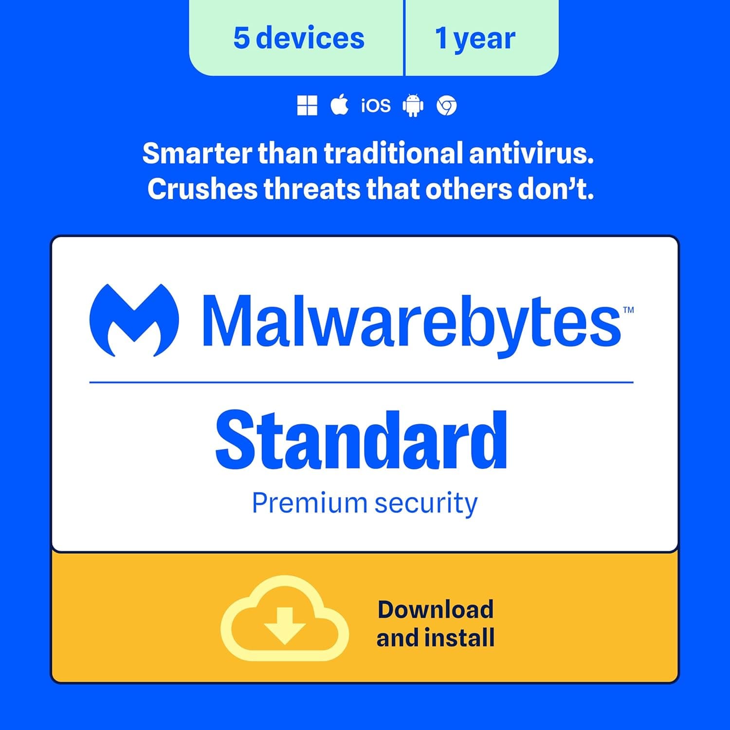 Malwarebytes Estándar, Seguridad Premium | 1 año, 5 dispositivos | Windows, Mac OS, Android, Apple iOS, Chrome [Código en línea]