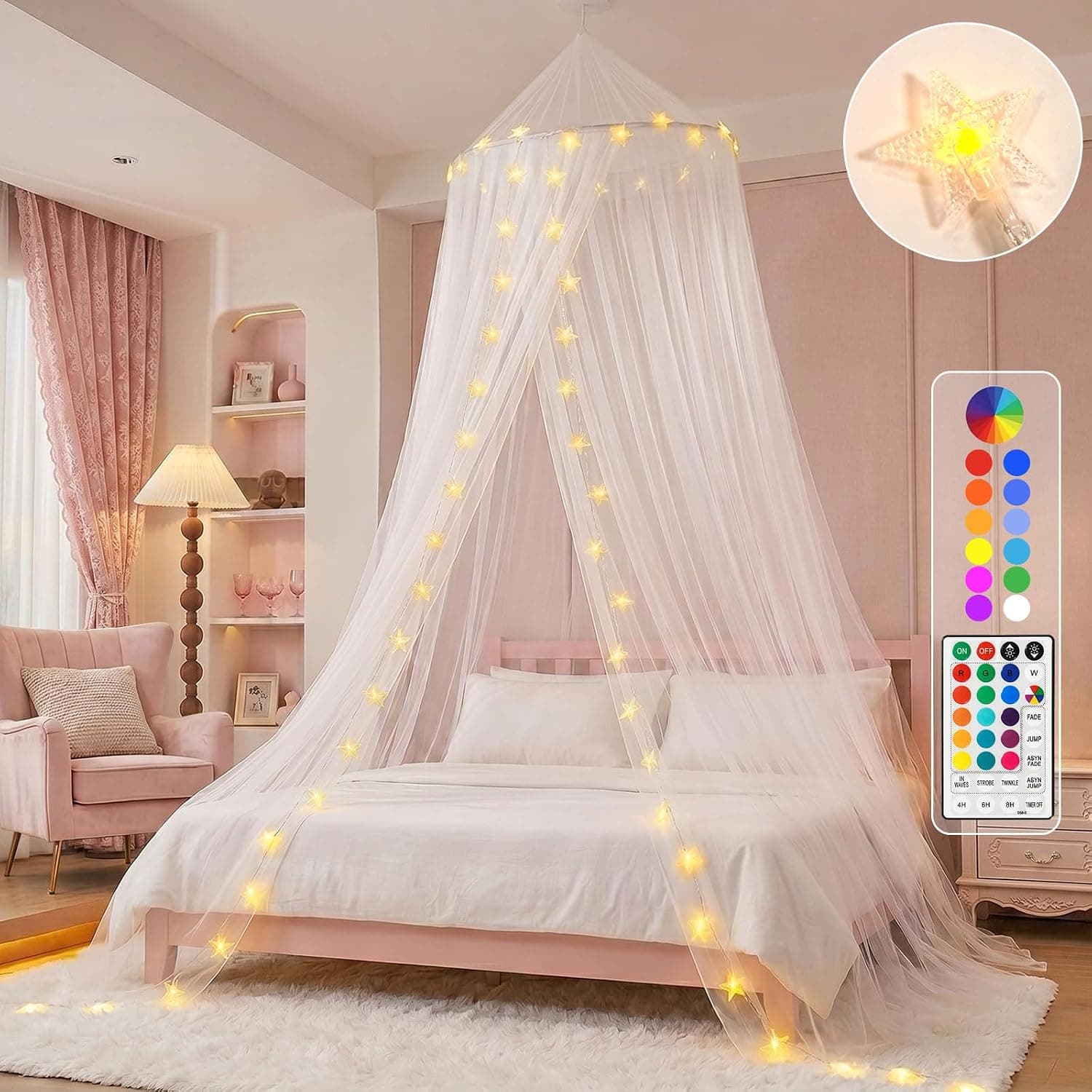 Obrecis Dosel de Cama con Luces LED de Estrellas, Cortina de Cama con Dosel Princesa | Cadena de luces que cambian de 24 colores con temporizador remoto para dormitorio, dosel en forma de cúpula rosa, rojo, azul y blanco, se adapta a cama doble a King