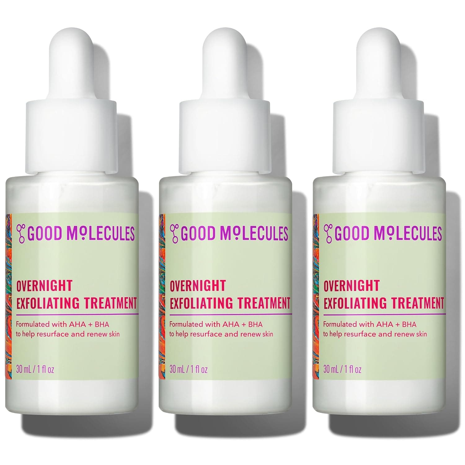 Good Molecules Overnight Exfoliating Treatment, AHA BHA, Pack of 3 | Resurfaces and renews the look of skin overnight with AHA and BHA. Use up to 3 nights a week with daytime SPF.