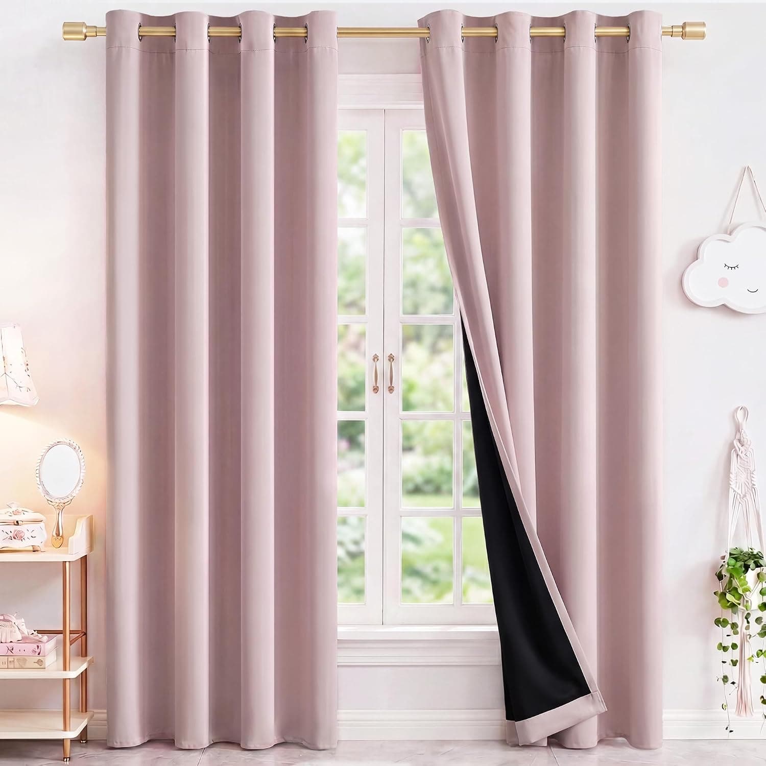 NICETOWN Cortinas opacas 100% rosa rubor para guardería de 52.0 x 83.9 in, 2 paneles | Paneles de ventana con revestimiento negro, cortinas que bloquean el calor y el frío, bloqueo de luz con aislamiento térmico y reducción de ruido para dormitorio