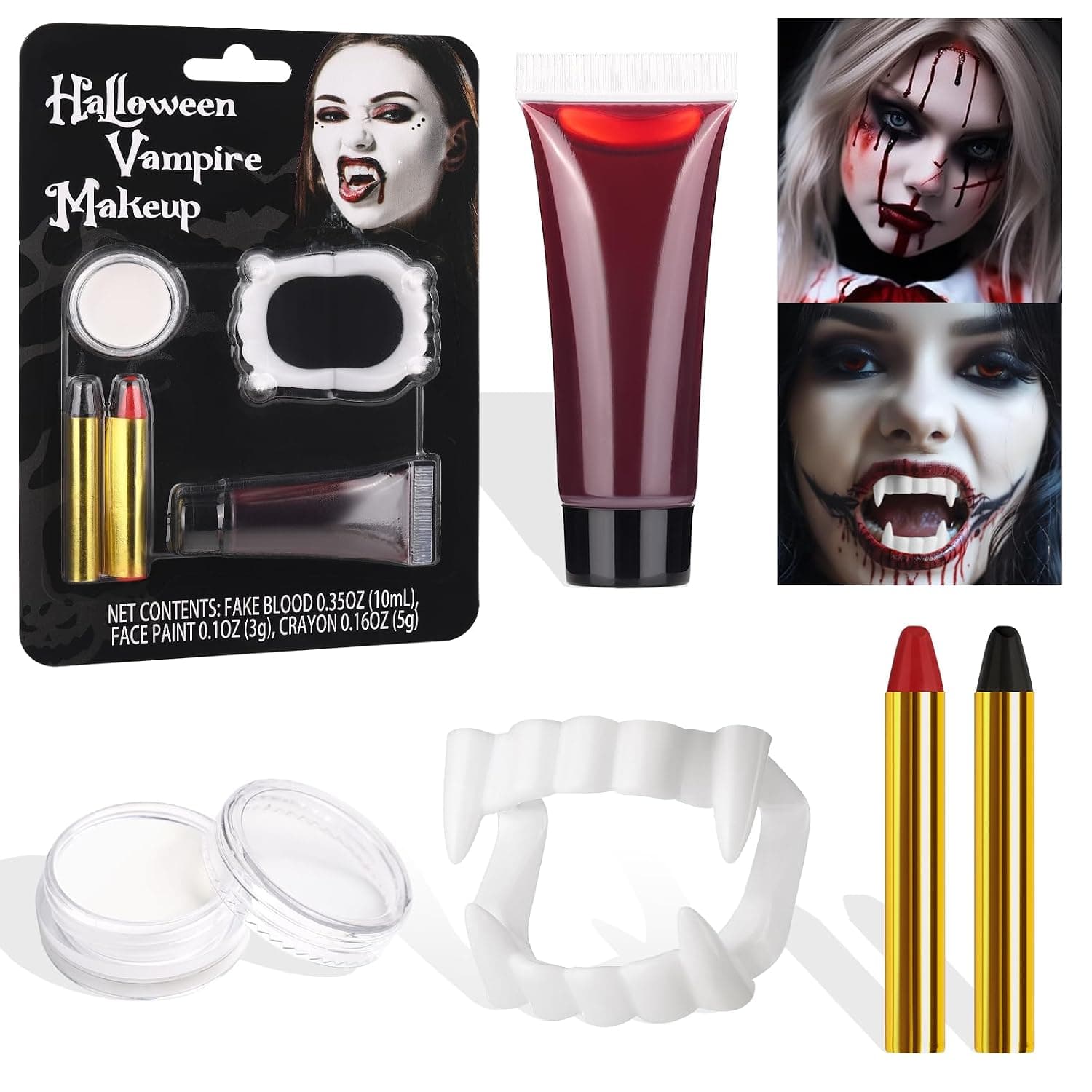 BOBISUKA Kit de maquillaje de vampiro para Halloween con pintura blanca para cara y cuerpo, sangre falsa, crayón de pintura facial negra y roja y dientes falsos SFX Set de maquillaje para heridas zombies, payaso, cosplay, maquillaje de efectos especiales