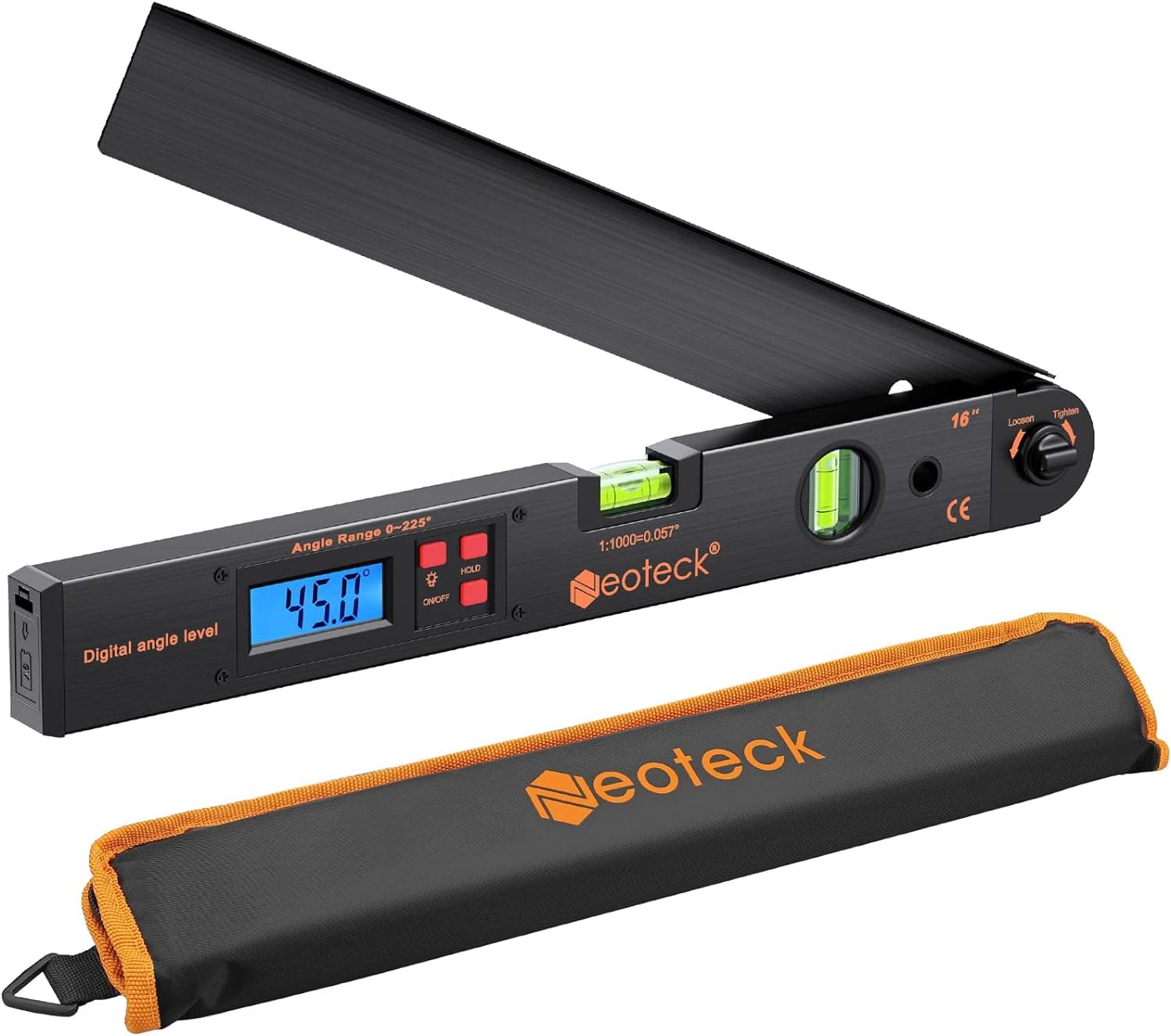 Neoteck Buscador de ángulo digital de 16 pulgadas Retroiluminación LCD de transportador de aluminio de 225 °