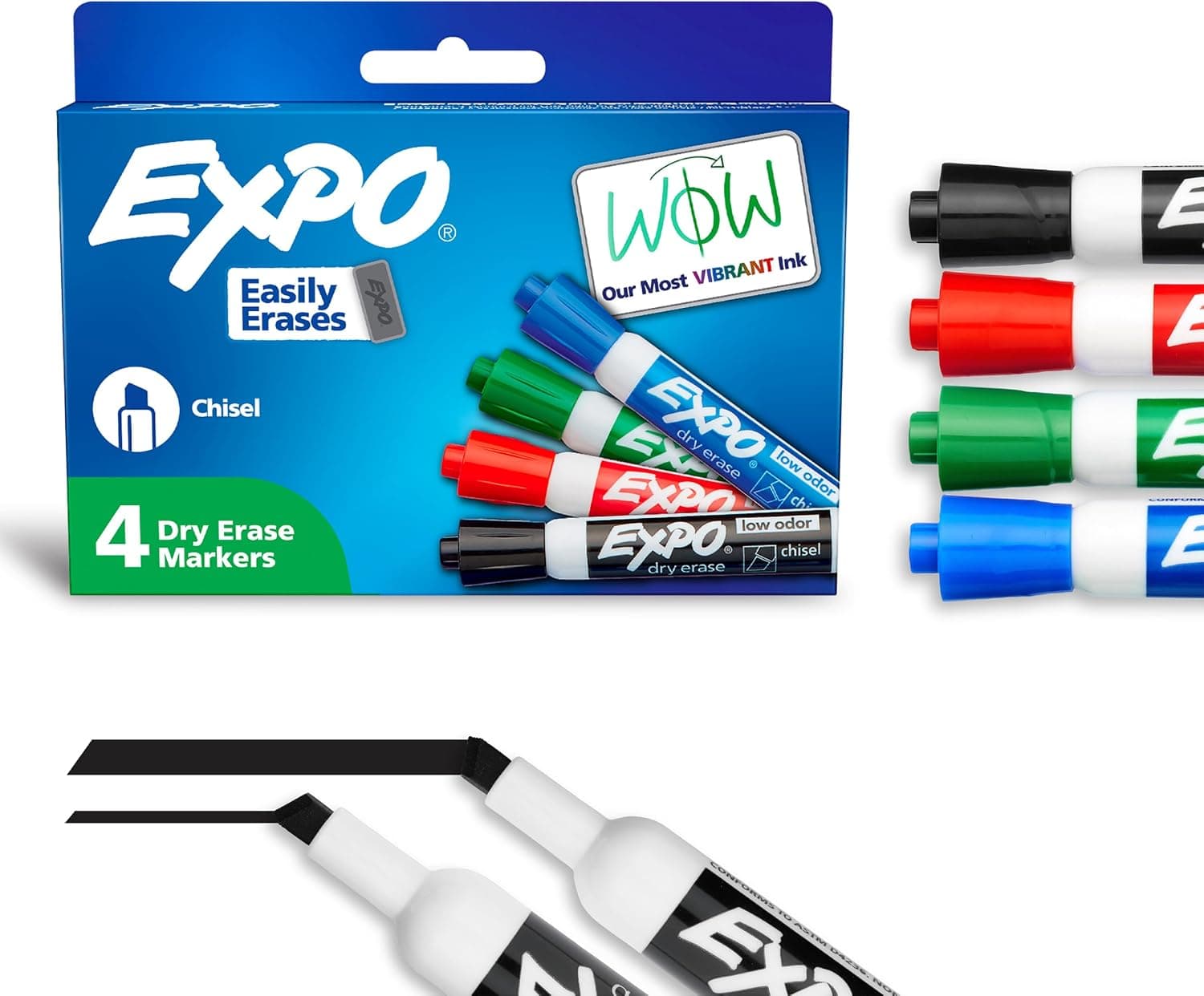 Marcadores de borrado en seco EXPO, tinta de bajo olor, colores surtidos, punta de cincel, 4 unidades: pizarra blanca, calendario, organización, suministros esenciales para oficina, escuela, aula, profesores
