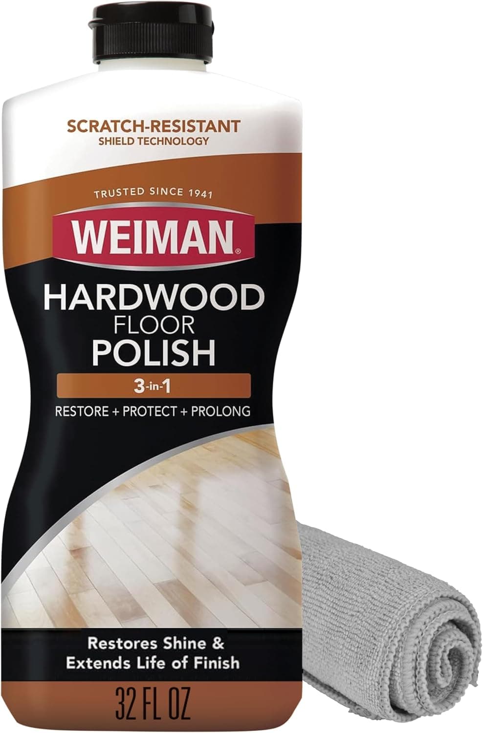 Paquete de pulido y restaurador para pisos de madera Weiman de 32 oz: piso de madera dura de alto tráfico, brillo natural, elimina los arañazos, deja una capa protectora