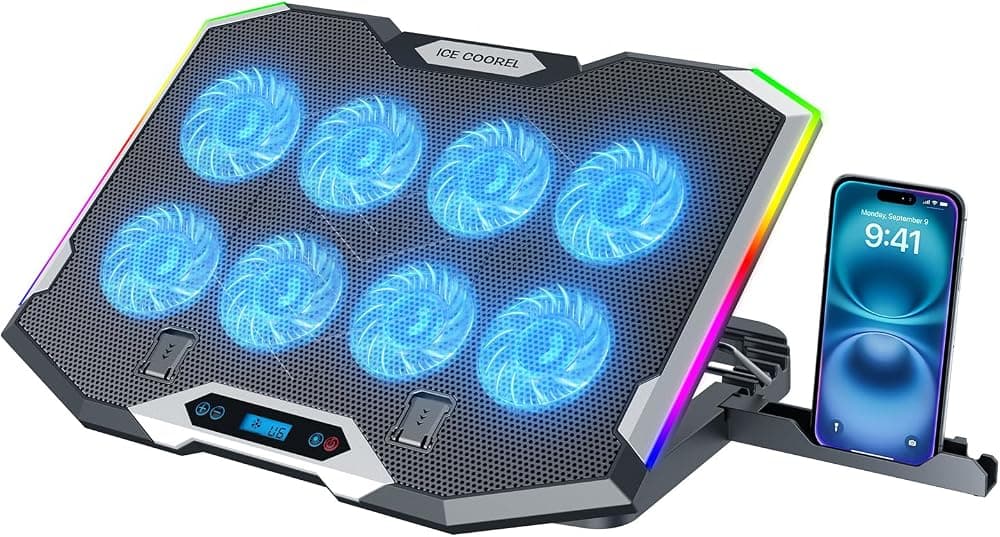 ICE COOREL Almohadilla de enfriamiento para computadora portátil para juegos con 8 ventiladores de enfriamiento, almohadilla enfriadora para ventilador para computadora portátil de 15 a 17,3 pulgadas, soporte enfriador para computadora portátil con 6 alturas ajustables, almohadilla de enfriamiento RGB con dos puertos USB + soporte para teléfono