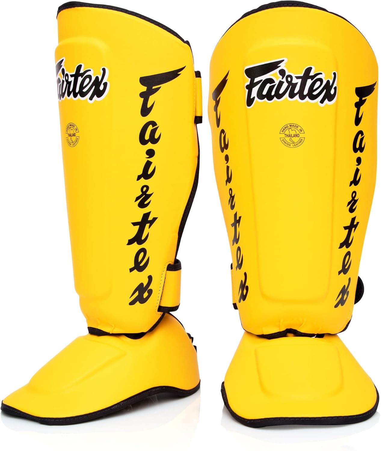 Fairtex SP7 Lightweight Shin Guards, Detachable Syntek Leather Shin Pads | Flexible composite hide with modular foot joint. Adjustable two-piece leg armor allows ninety-degree rotation for drills