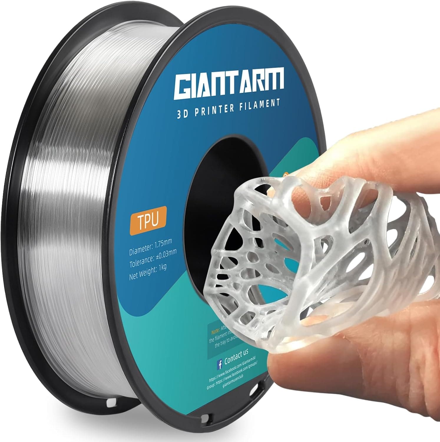 GIANTARM TPU Filament 1.75mm 1Kg(2.2lbs), Clear Filament TPU, 95A Flexible 3D Printer Filament with High Elasticity, ±0.03mm Accuracy, Neatly Wound & Moistureproof, Non-Clogging, TPU Clear