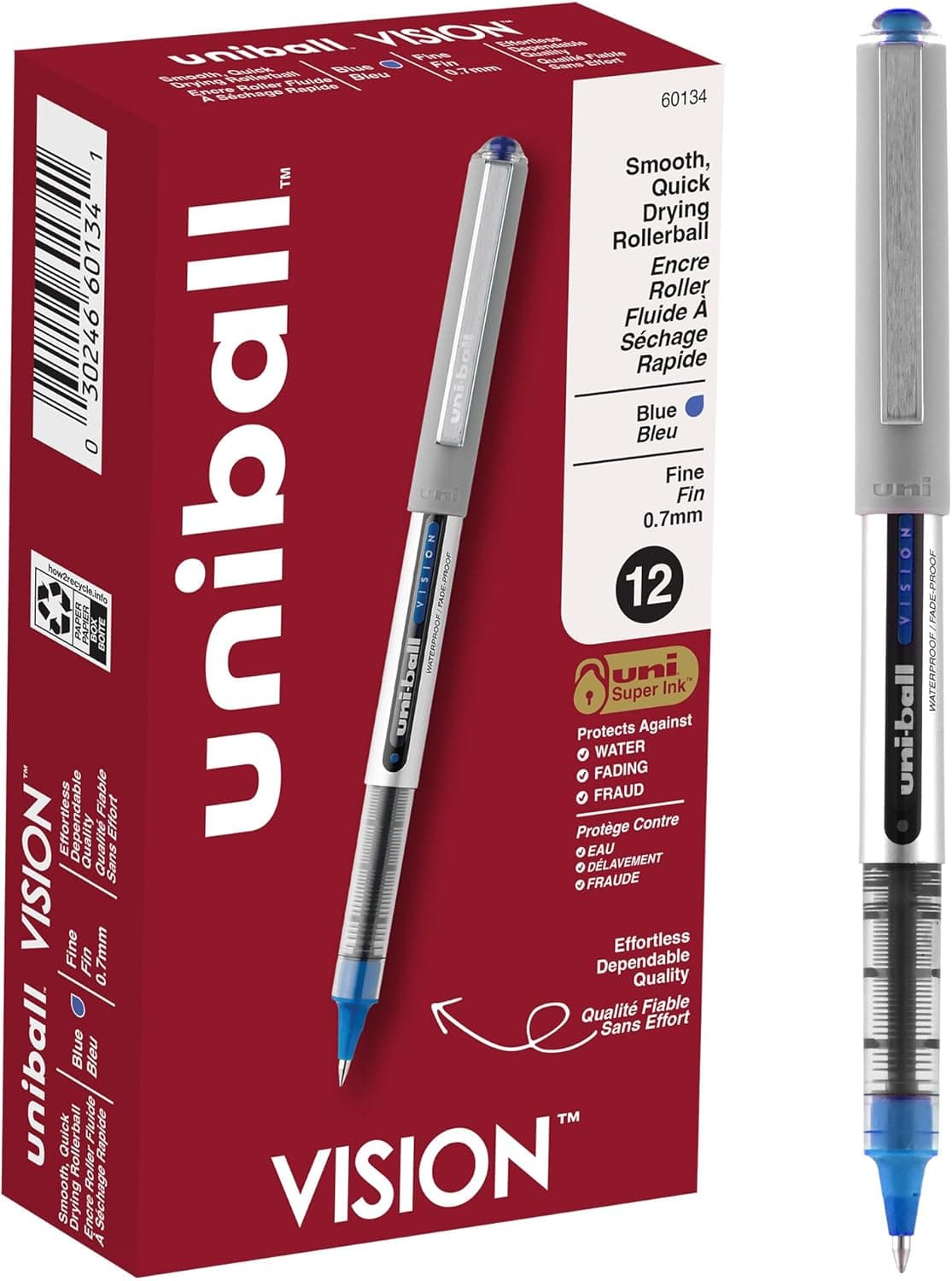 uni-ball uniball Vision Rollerball Pens with 0.7mm Fine Point, Blue, 12 Count