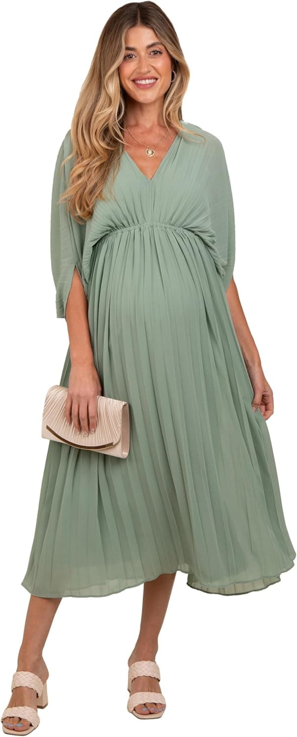 PinkBlush Pleated V Neck Maternity Maxi Dress