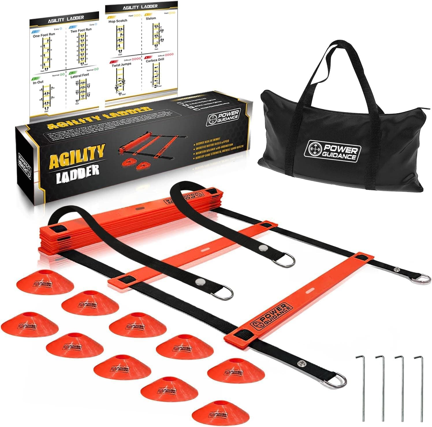 POWER GUIDANCE Escalera de agilidad (20 pies) con conos para entrenamiento de agilidad rápida y ejercicio rápido de pies - Equipo de entrenamiento de fútbol y fútbol para adultos, jóvenes y niños