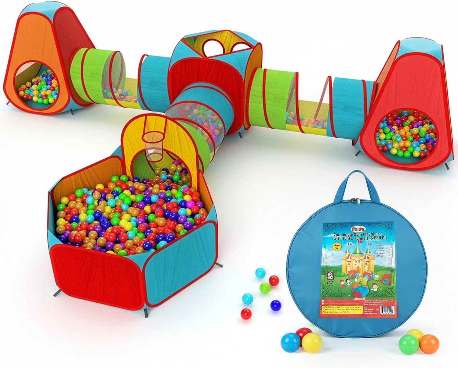 Playz Tienda de juegos emergente para niños de 7 piezas, túnel de arrastre y piscina de bolas para niños pequeños | Piscina de bolas plegable para bebés y túnel para gatear, tiendas de campaña y túneles para niños, juego interior/casa de juegos/parque infantil para mayores de 3 años