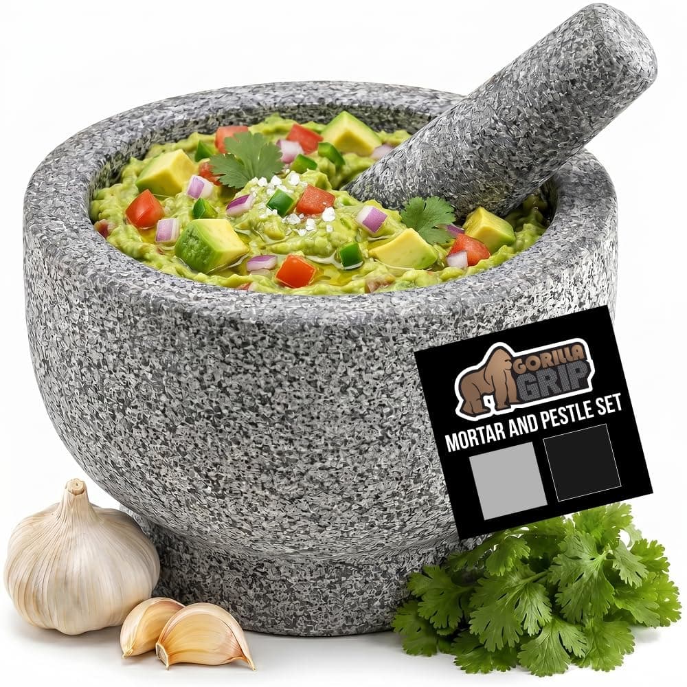 GORILLA GRIP Juego de mortero y mortero de piedra de granito 100% natural, base antiarañazos, cuenco de salsa de guacamole Molcajete sin pulir, semillas para moler, hierbas, pastillas, mortero de laboratorio de cocina, 1,5 tazas gris