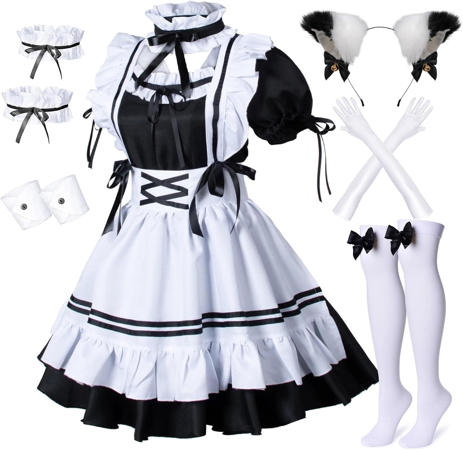 Wannsee Delantal para Sirvienta Francesa de Anime, Disfraz de Lolita, Disfraz de Cosplay, Guantes con Orejas de Gato peludos, Conjunto de Calcetines (3XL)