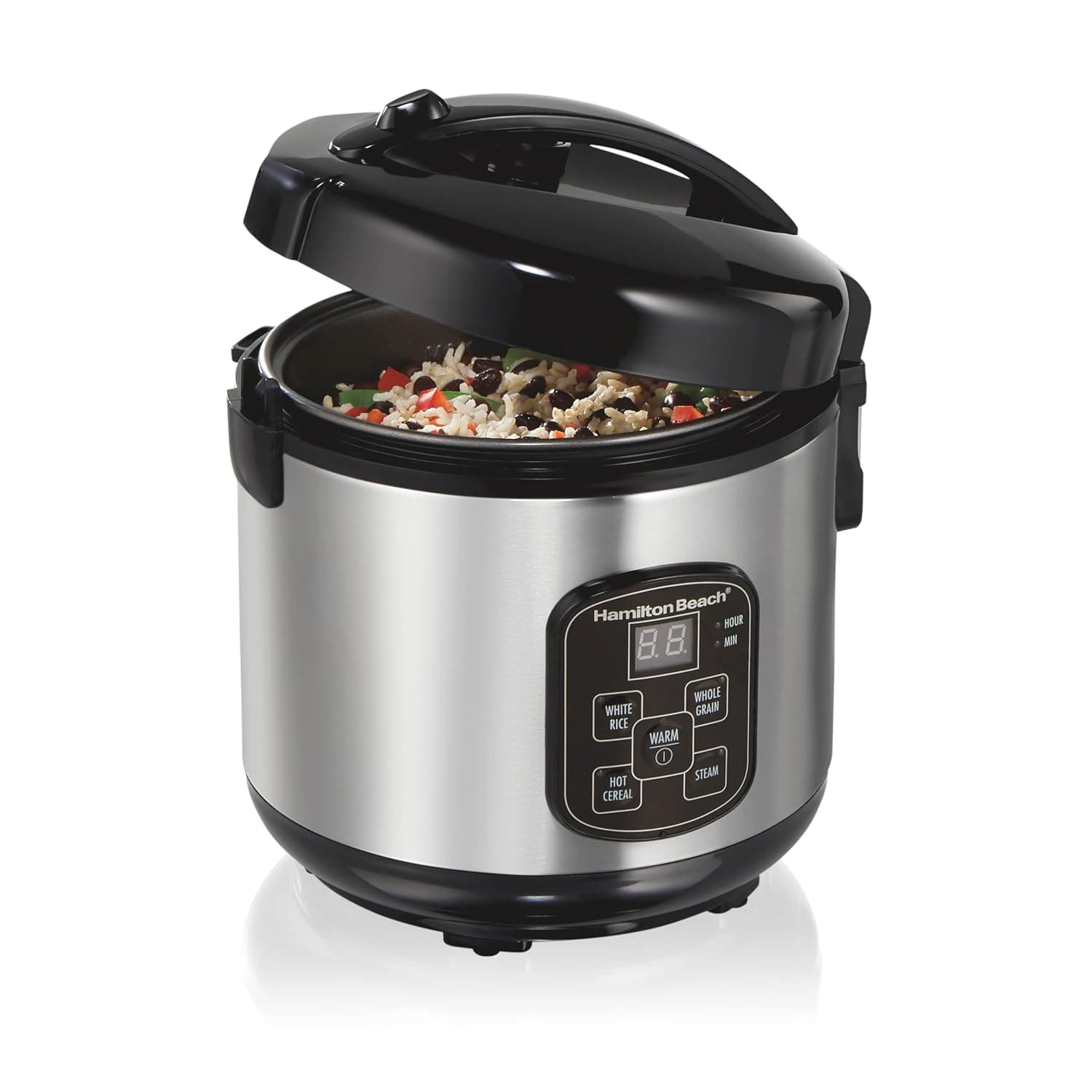 Arrozera y vaporera programable digital Hamilton Beach, 8 tazas cocidas (4 sin cocer), con cesta de vapor y enjuague, acero inoxidable (37518) | 8 tazas cocidas (4 sin cocer) | 4 ajustes de arroz | Olla antiadherente sin PFAS | Cesta de vapor | Acero inoxidable