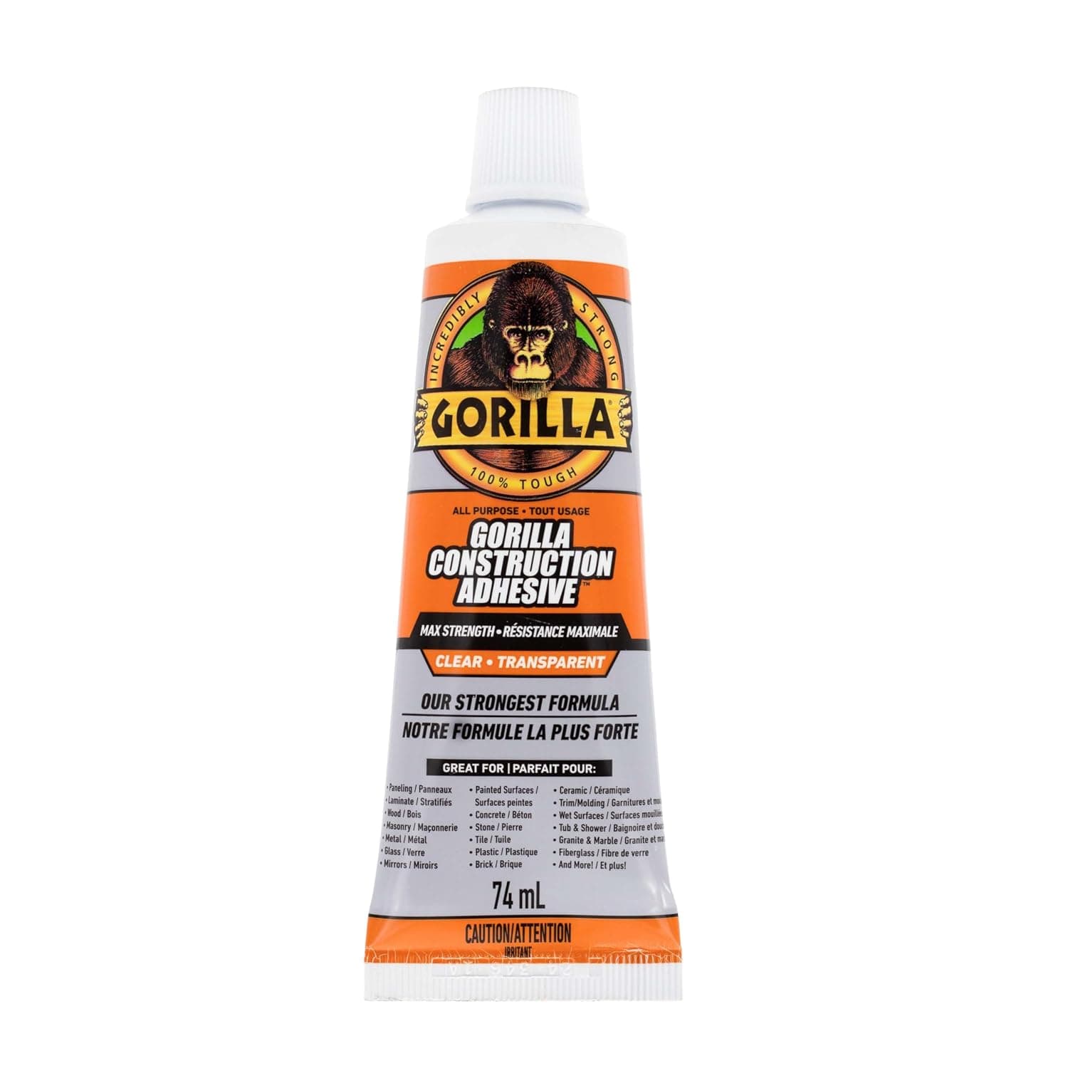 Gorilla Max Strength Construction Adhesive, Clear, 2.5 oz | Gap-Filling and Paintable, Ideal for Quick Fixes and Touch Ups, Bonds Wood, Metal, Glass, Tile, Stone, and Drywall
