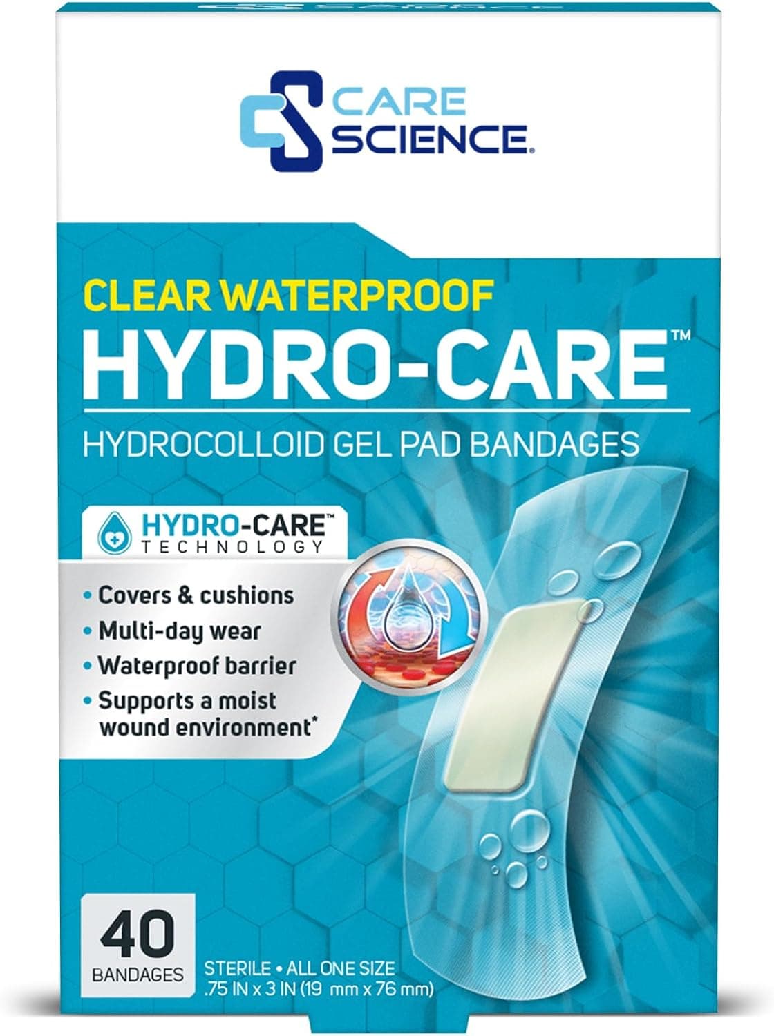 Care Science Vendajes con almohadilla de gel hidrocoloide, 0,75 x 3 pulgadas, 40 unidades | Vendaje impermeable transparente con almohadilla hidrocoloide