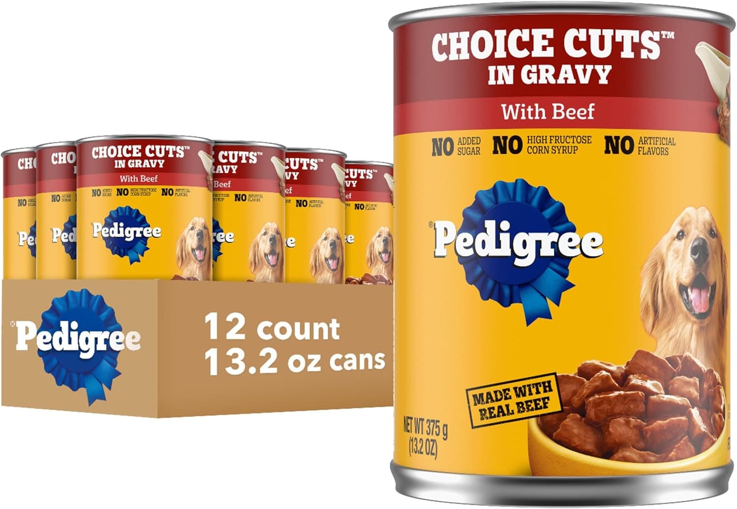 Pedigree Choice Cuts en salsa húmeda para perros, carne de res, 13.2 oz, 12 unidades | Carne de res en salsa, soporte para músculos magros, más del 50 % de agua para hidratación, complemento o comida completa para perros adultos, latas de fácil apertura que no ensucian