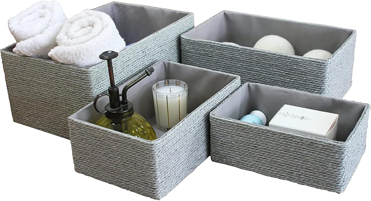 Organizadores de cestas de baño LA JOLIE MUSE, almacenamiento de cuerdas de papel, paquete de 4 grises | Cesta tejida forrada resistente y apilable, organizador para papel higiénico, artículos básicos de lavandería, estantes y cajones de mesita de noche