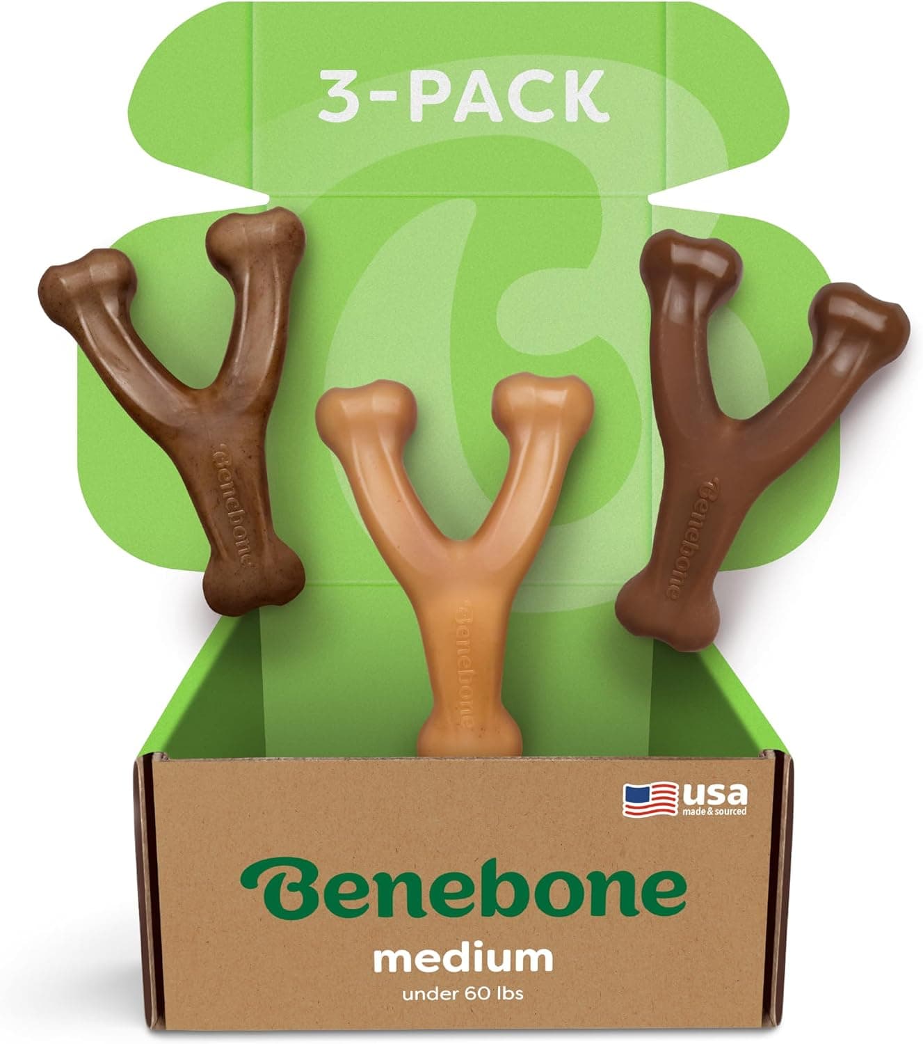 Benebone Paquete de 3 juguetes masticables para perros Wishbone para masticadores agresivos, mediano | Duradero, paquete múltiple, fabricado en EE. UU., sabores REALES de tocino, pollo y maní, huesos para perros, duraderos, los mantiene ocupados