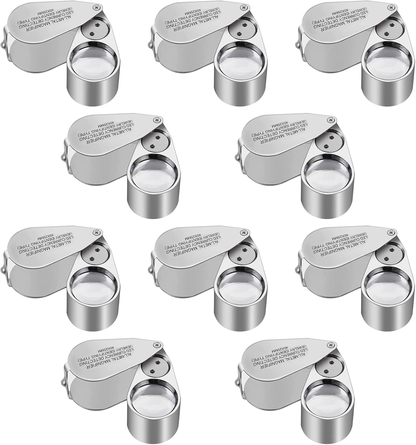 Paquete de 10 lupas de bucle de joyería completamente iluminadas de metal 40X, lupa plegable de bolsillo XYK para joyeros con lupa de ojos con LED(detección de moneda LED/identificación de joyas)